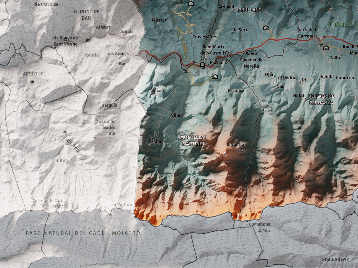 Mapa de relleu de la Cerdanya, amb el territori en color i l’entorn en blanc. Detall de la part inferior esquerra. 30 × 40 cm. Estil Blau i taronja.