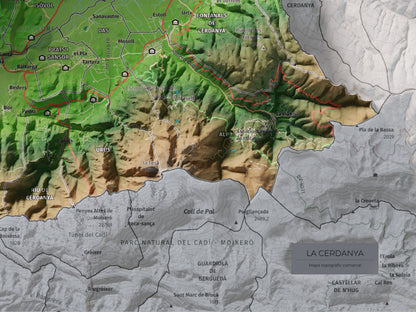 Mapa de relleu de la Cerdanya, amb el territori en color i l’entorn en blanc. Detall de la part inferior dreta. 30 × 40 cm. Estil Clàssic.