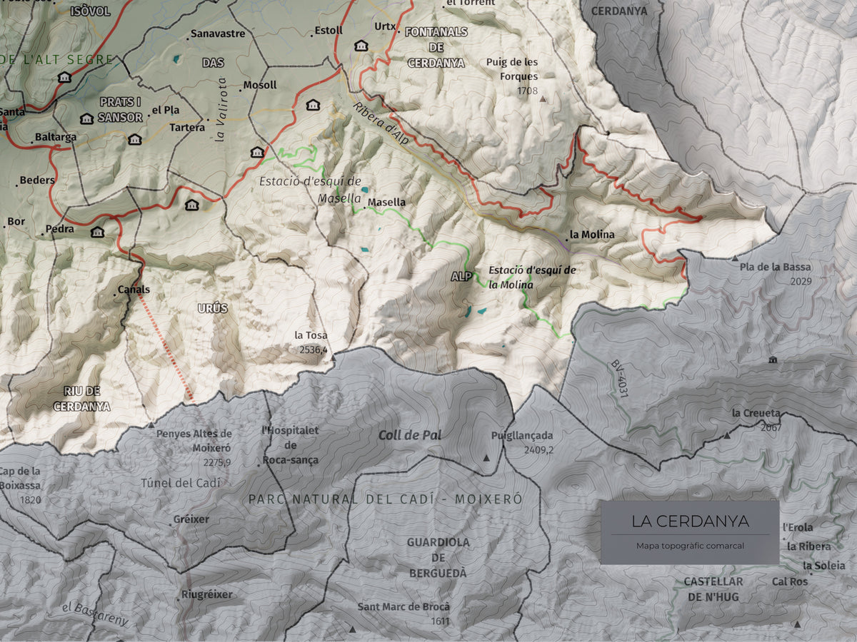Mapa de relleu de la Cerdanya, amb el territori en color i l’entorn en blanc. Detall de la part inferior dreta. 30 × 40 cm. Estil Cartogràfic.