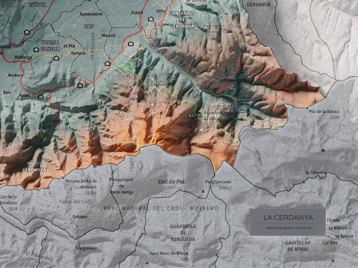 Mapa de relleu de la Cerdanya, amb el territori en color i l’entorn en blanc. Detall de la part inferior dreta. 30 × 40 cm. Estil Blau i taronja.