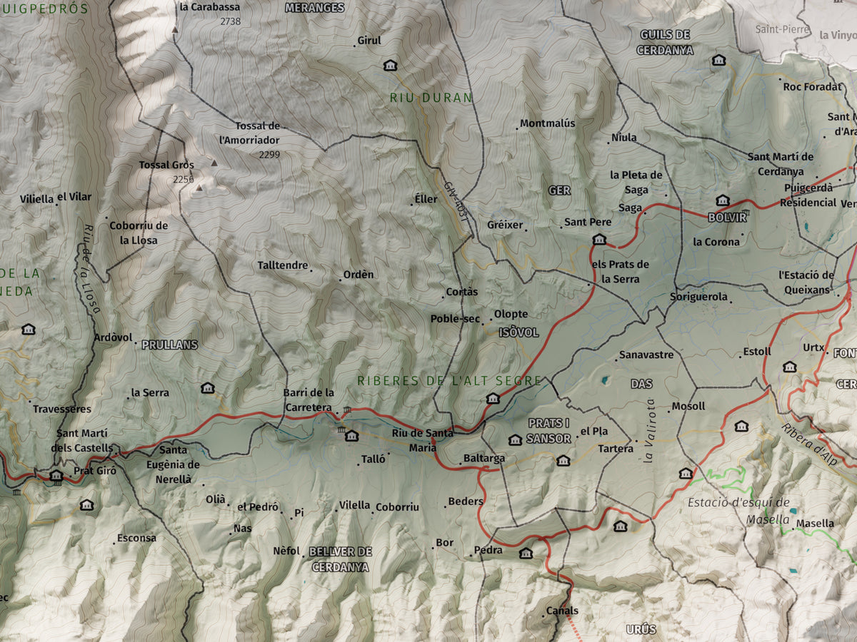 Mapa de relleu de la Cerdanya, amb el territori en color i l’entorn en blanc. Detall de la part central. 30 × 40 cm. Estil Cartogràfic.