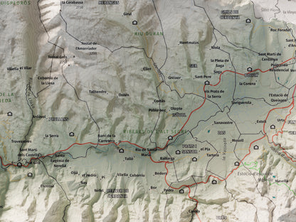 Mapa de relleu de la Cerdanya, amb el territori en color i l’entorn en blanc. Detall de la part central. 30 × 40 cm. Estil Cartogràfic.
