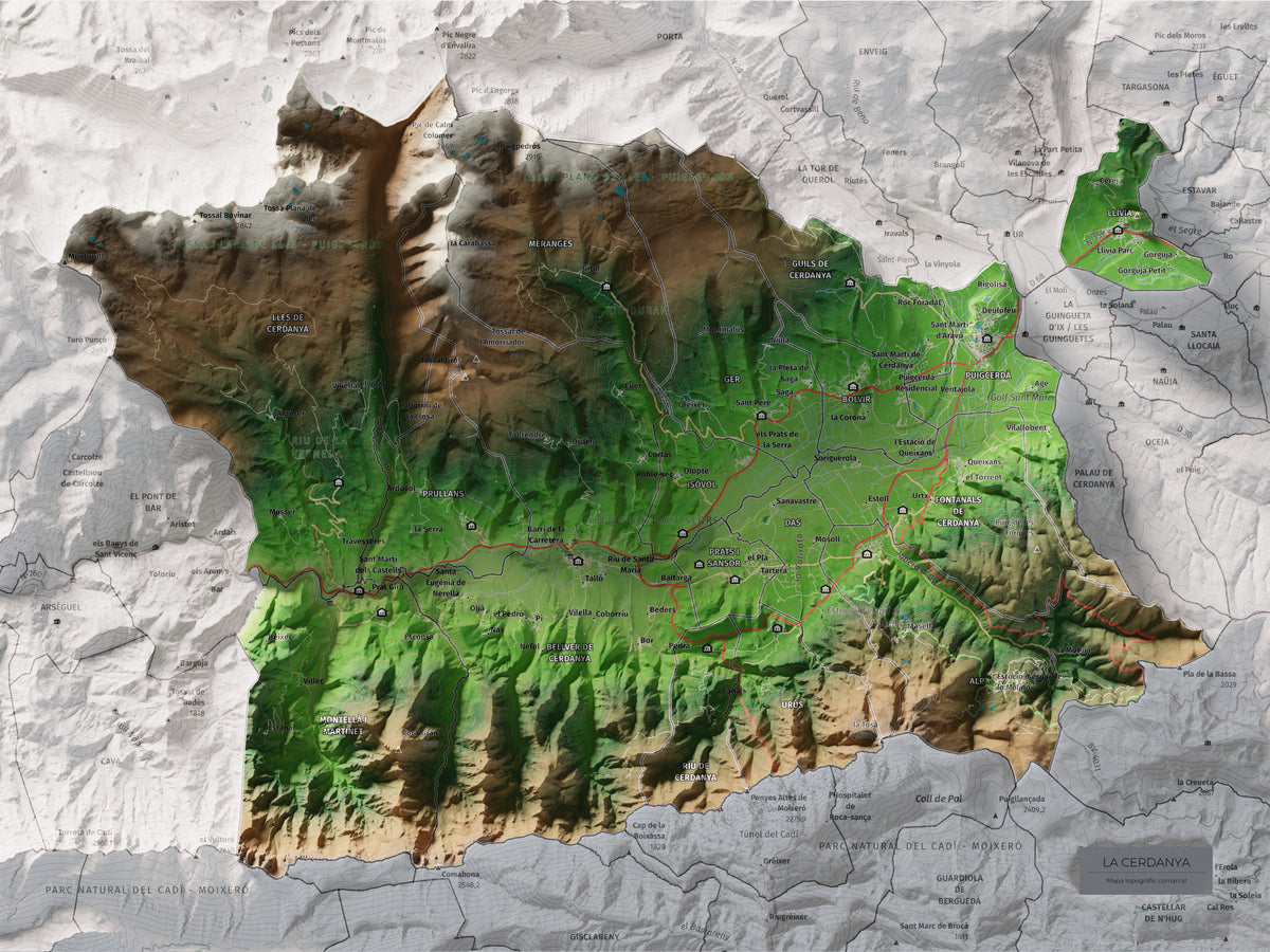 Mapa de relleu de la Cerdanya, amb el territori en color i l’entorn en blanc. Vista completa de la làmina. 30 × 40 cm. Estil Clàssic.