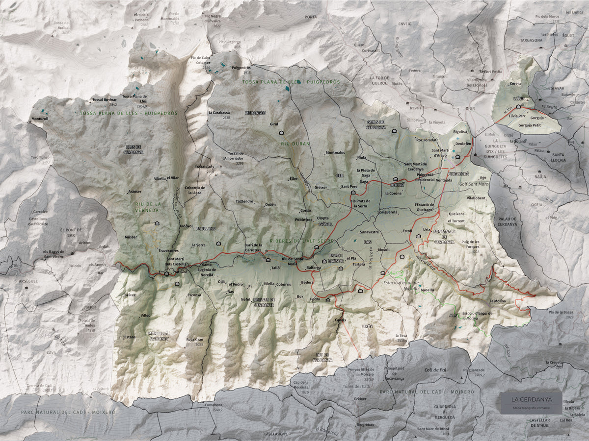 Mapa de relleu de la Cerdanya, amb el territori en color i l’entorn en blanc. Vista completa de la làmina. 30 × 40 cm. Estil Cartogràfic.