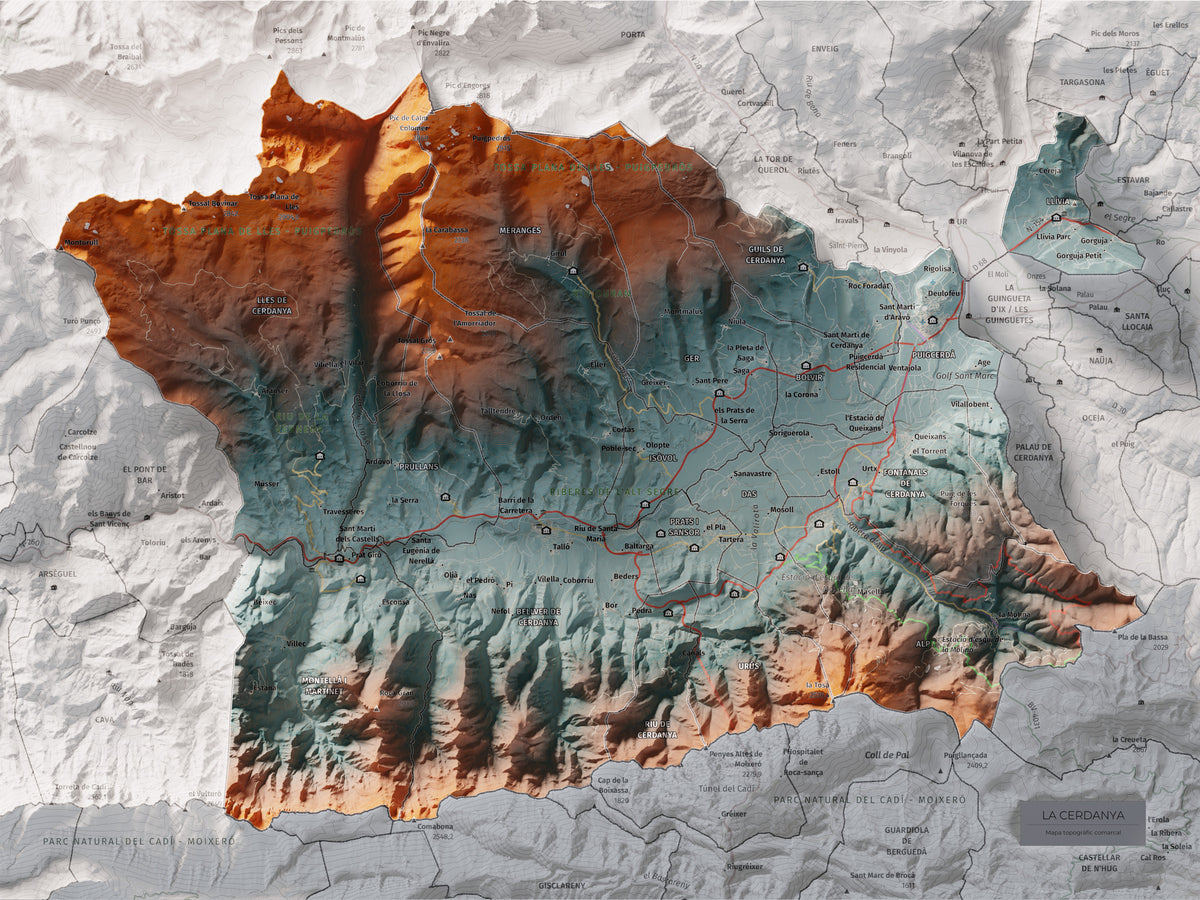 Mapa de relleu de la Cerdanya, amb el territori en color i l’entorn en blanc. Vista completa de la làmina. 30 × 40 cm. Estil Blau i taronja.