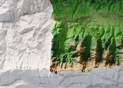 Mapa de relleu de la Cerdanya, amb el territori en color i l’entorn en blanc. Detall de la part inferior esquerra. 50 × 70 cm. Estil Clàssic.