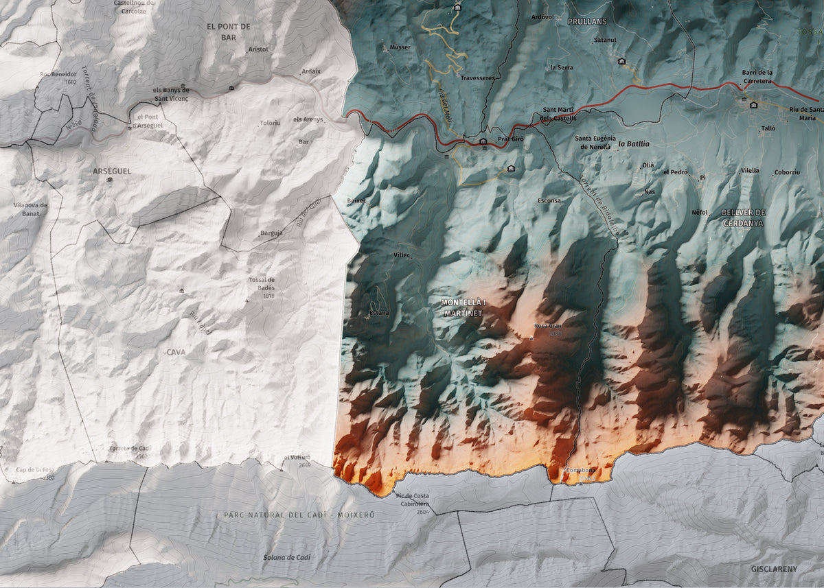 Mapa de relleu de la Cerdanya, amb el territori en color i l’entorn en blanc. Detall de la part inferior esquerra. 50 × 70 cm. Estil Blau i taronja.