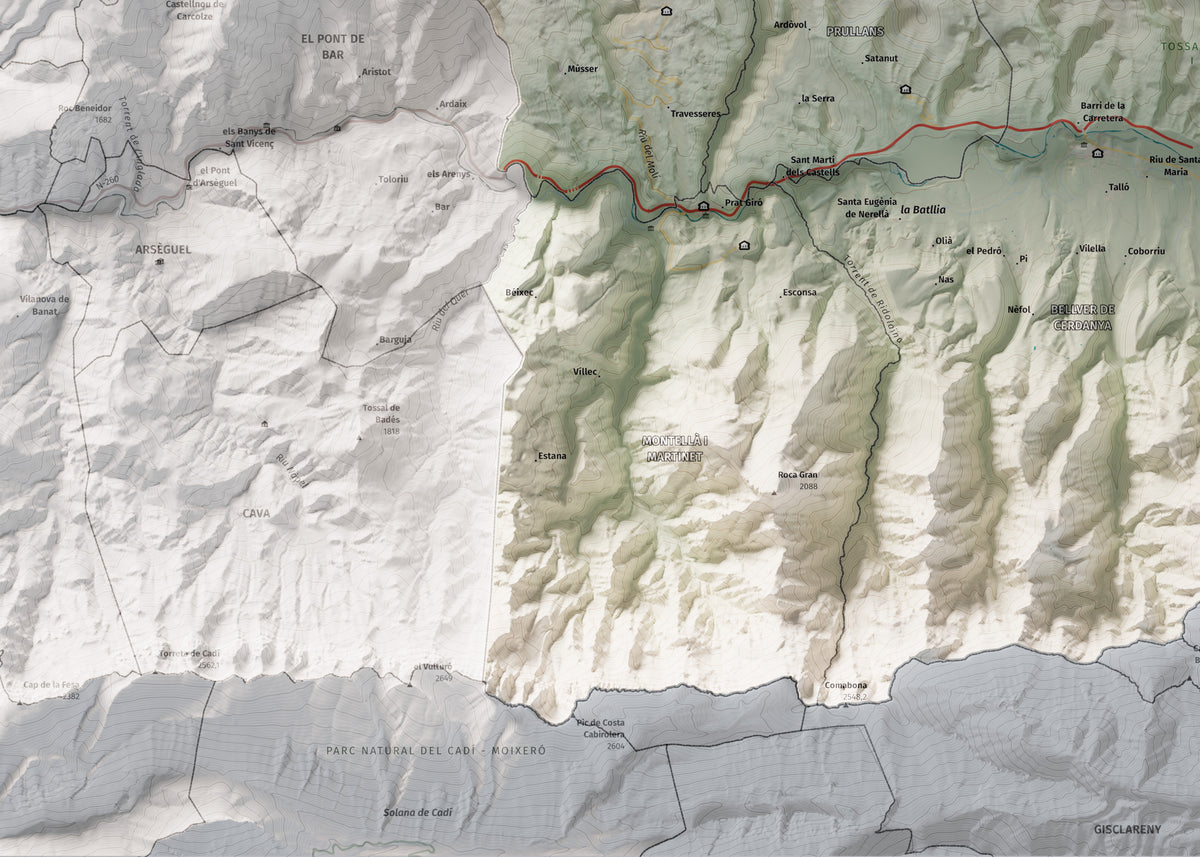 Mapa de relleu de la Cerdanya, amb el territori en color i l’entorn en blanc. Detall de la part inferior esquerra. 50 × 70 cm. Estil Cartogràfic.