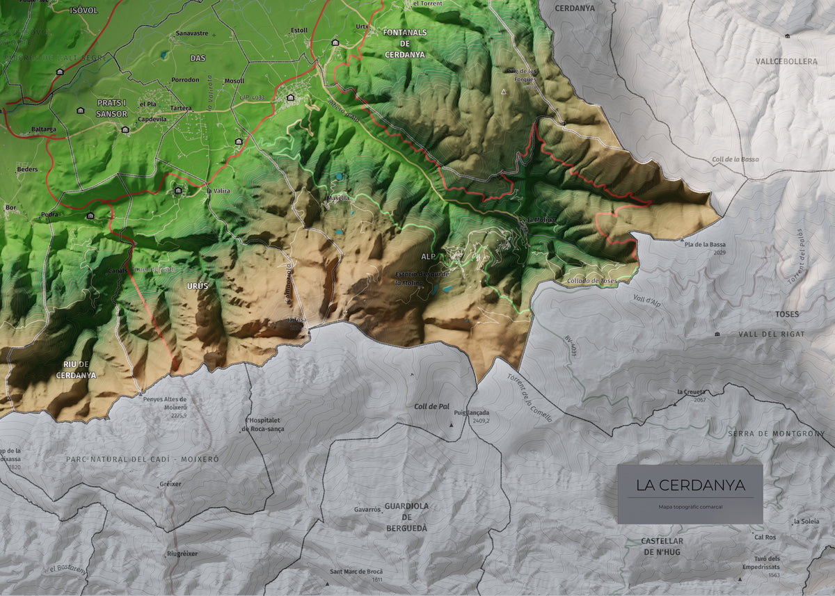 Mapa de relleu de la Cerdanya, amb el territori en color i l’entorn en blanc. Detall de la part inferior dreta. 50 × 70 cm. Estil Clàssic.