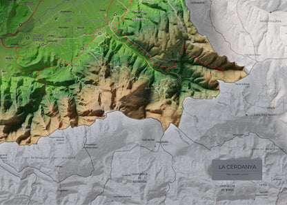 Mapa de relleu de la Cerdanya, amb el territori en color i l’entorn en blanc. Detall de la part inferior dreta. 50 × 70 cm. Estil Clàssic.