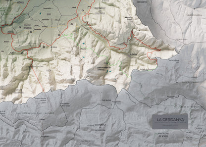 Mapa de relleu de la Cerdanya, amb el territori en color i l’entorn en blanc. Detall de la part inferior dreta. 50 × 70 cm. Estil Cartogràfic.