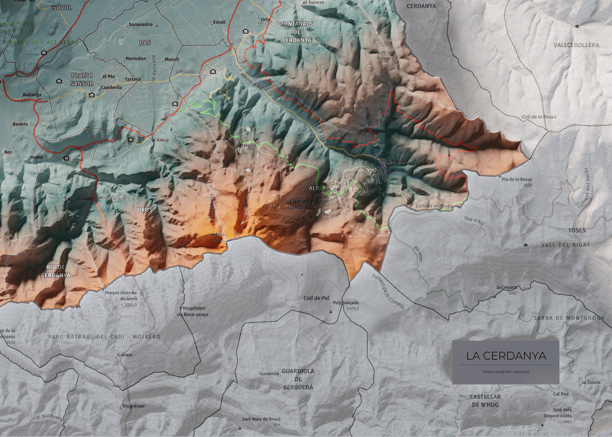 Mapa de relleu de la Cerdanya, amb el territori en color i l’entorn en blanc. Detall de la part inferior dreta. 50 × 70 cm. Estil Blau i taronja.