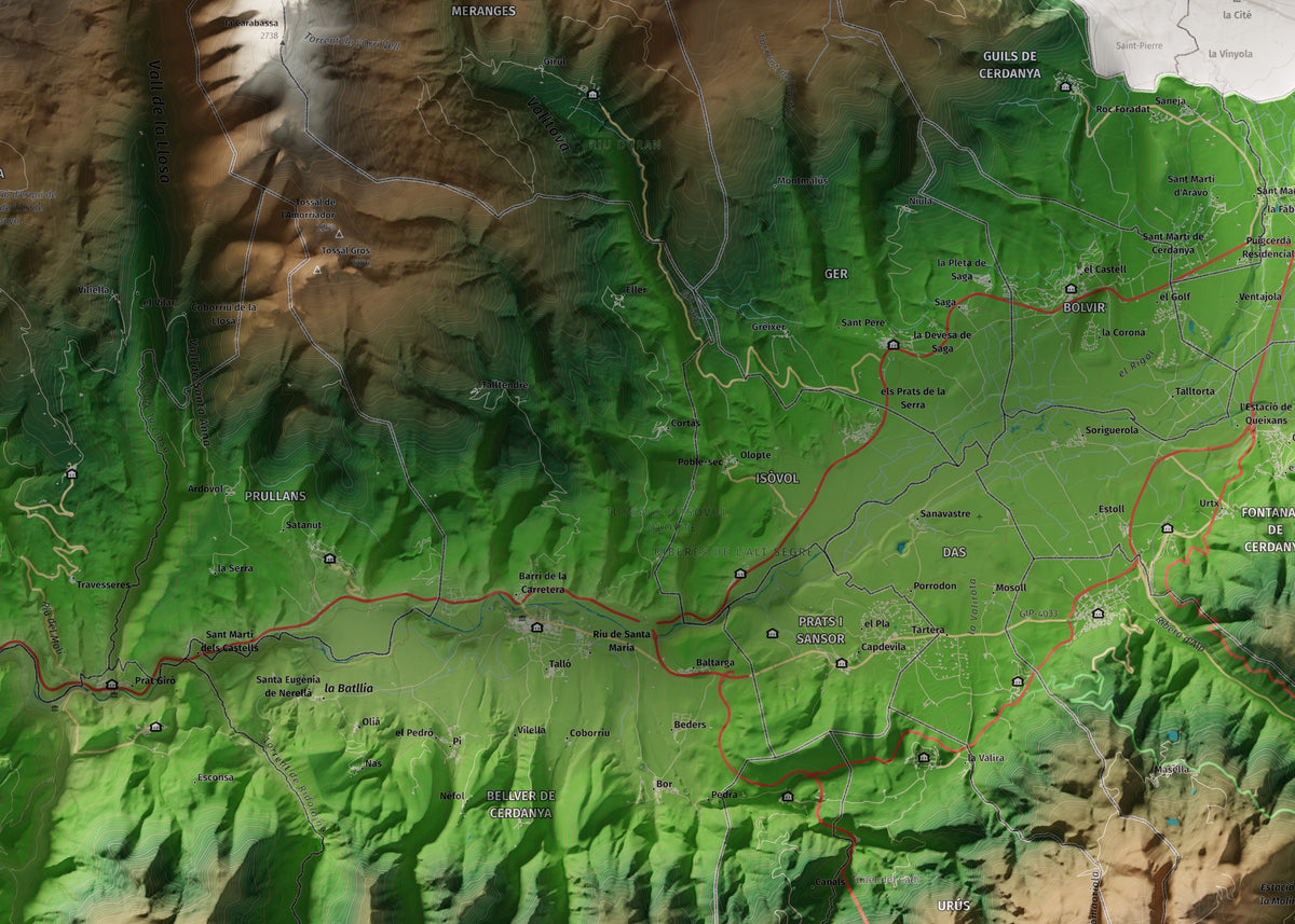 Mapa de relleu de la Cerdanya, amb el territori en color i l’entorn en blanc. Detall de la part central. 50 × 70 cm. Estil Clàssic.