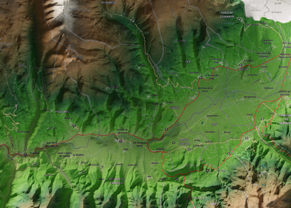Mapa de relleu de la Cerdanya, amb el territori en color i l’entorn en blanc. Detall de la part central. 50 × 70 cm. Estil Clàssic.