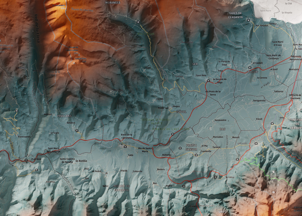 Mapa de relleu de la Cerdanya, amb el territori en color i l’entorn en blanc. Detall de la part central. 50 × 70 cm. Estil Blau i taronja.