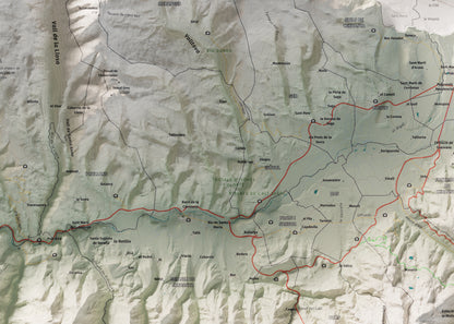 Mapa de relleu de la Cerdanya, amb el territori en color i l’entorn en blanc. Detall de la part central. 50 × 70 cm. Estil Cartogràfic.