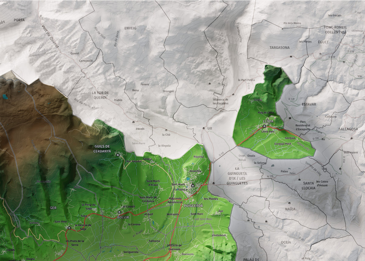Mapa de relleu de la Cerdanya, amb el territori en color i l’entorn en blanc. Detall de la part superior dreta. 50 × 70 cm. Estil Clàssic.