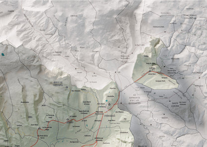 Mapa de relleu de la Cerdanya, amb el territori en color i l’entorn en blanc. Detall de la part superior dreta. 50 × 70 cm. Estil Cartogràfic.