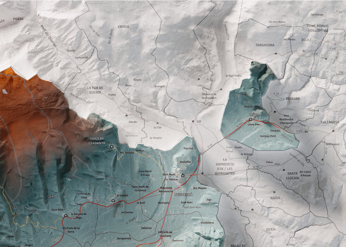 Mapa de relleu de la Cerdanya, amb el territori en color i l’entorn en blanc. Detall de la part superior dreta. 50 × 70 cm. Estil Blau i taronja.