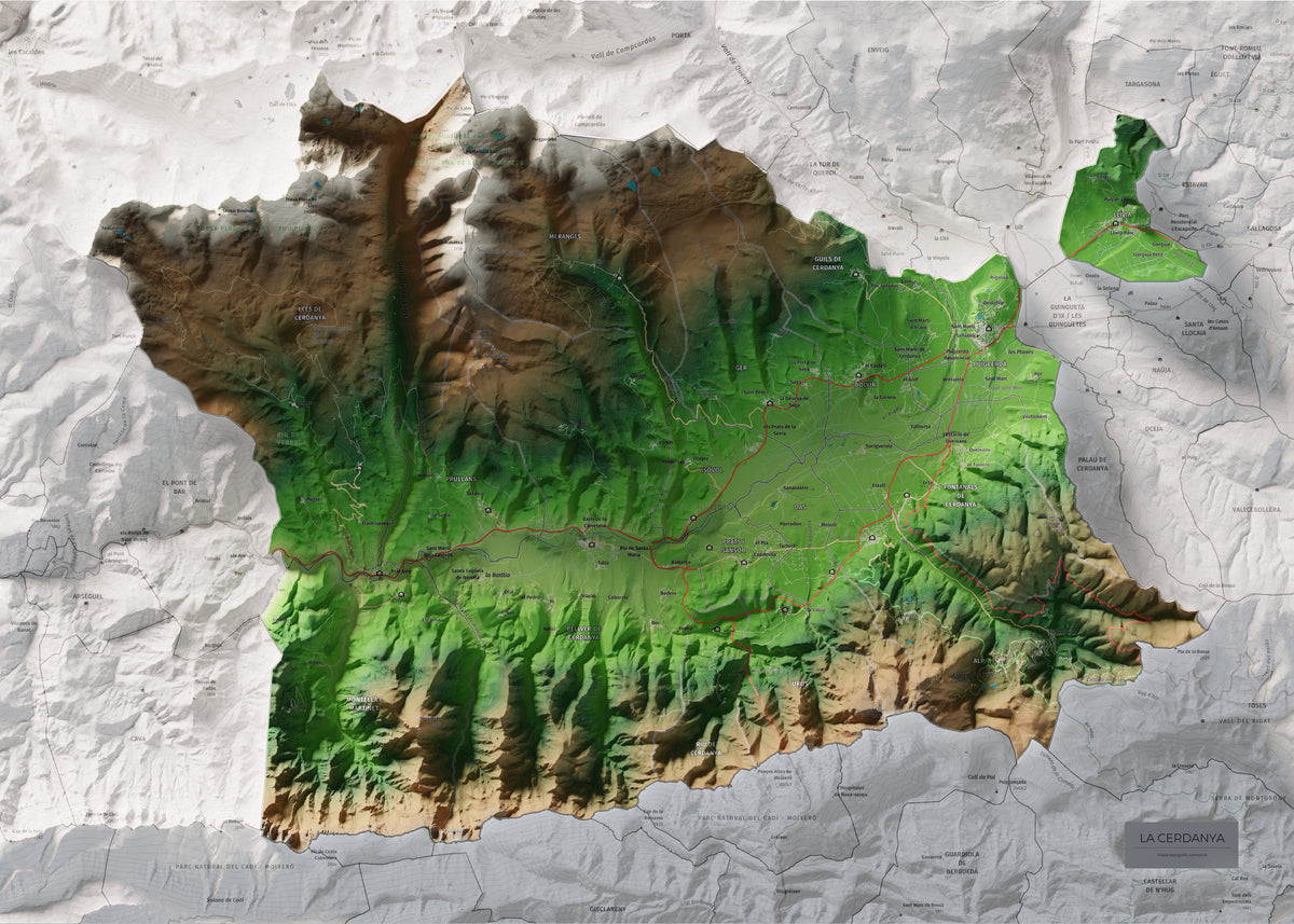 Mapa de relleu de la Cerdanya, amb el territori en color i l’entorn en blanc. Vista completa de la làmina. 50 × 70 cm. Estil Clàssic.
