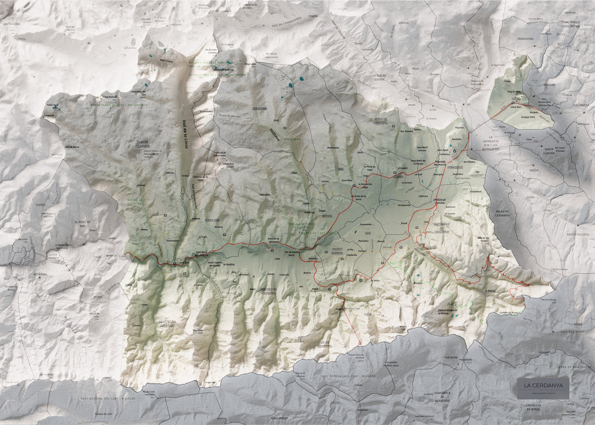 Mapa de relleu de la Cerdanya, amb el territori en color i l’entorn en blanc. Vista completa de la làmina. 50 × 70 cm. Estil Cartogràfic.