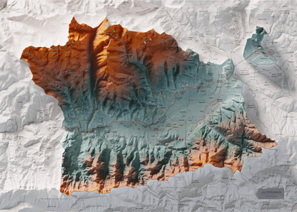 Mapa de relleu de la Cerdanya, amb el territori en color i l’entorn en blanc. Vista completa de la làmina. 50 × 70 cm. Estil Blau i taronja.