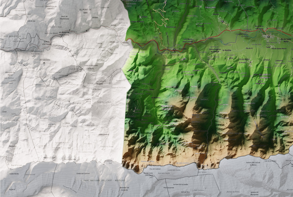 Mapa de relleu de la Cerdanya, amb el territori en color i l’entorn en blanc. Detall de la part inferior esquerra. 61 × 91 cm. Estil Clàssic.