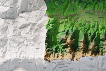 Mapa de relleu de la Cerdanya, amb el territori en color i l’entorn en blanc. Detall de la part inferior esquerra. 61 × 91 cm. Estil Clàssic.