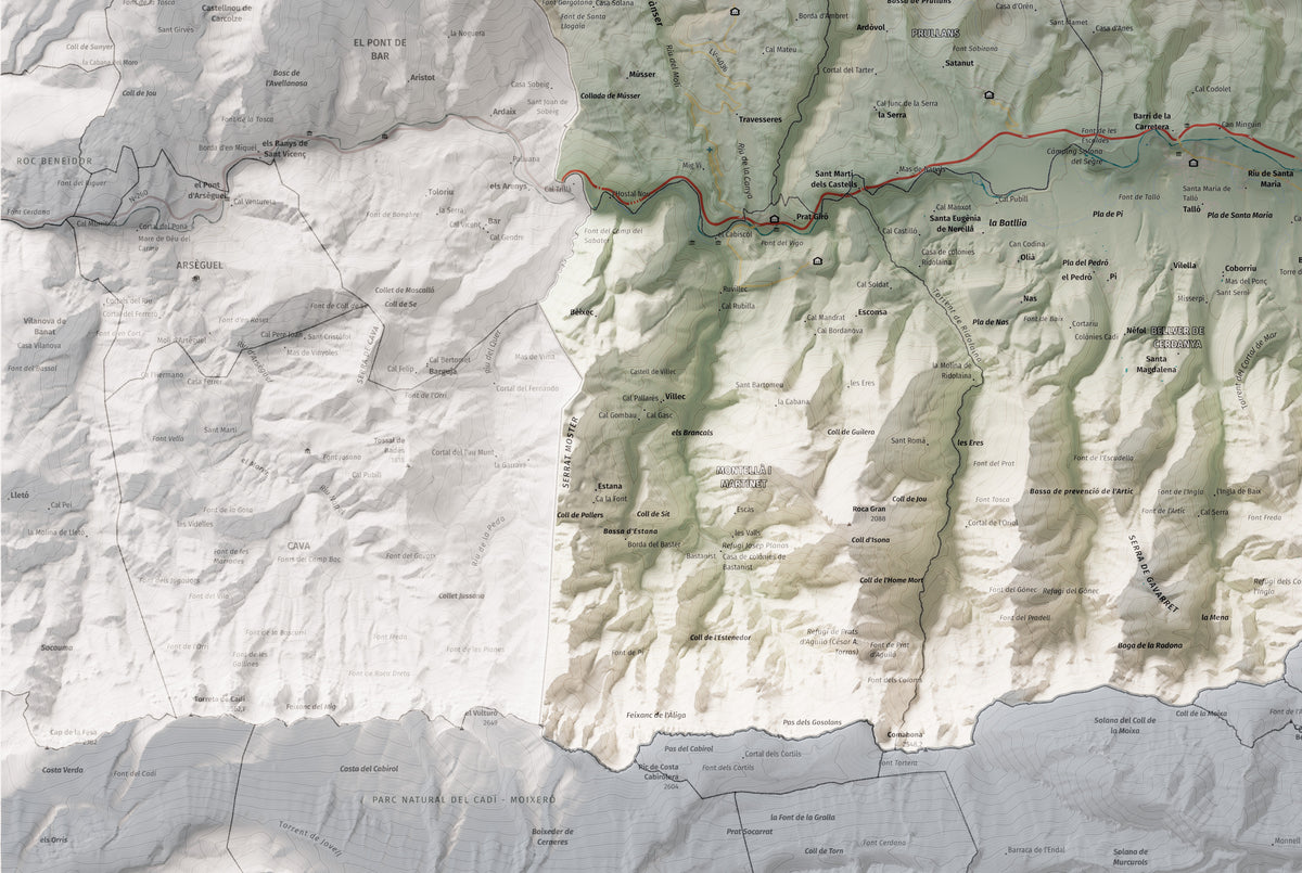 Mapa de relleu de la Cerdanya, amb el territori en color i l’entorn en blanc. Detall de la part inferior esquerra. 61 × 91 cm. Estil Cartogràfic.