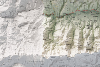 Mapa de relleu de la Cerdanya, amb el territori en color i l’entorn en blanc. Detall de la part inferior esquerra. 61 × 91 cm. Estil Cartogràfic.