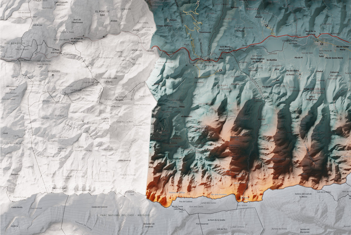 Mapa de relleu de la Cerdanya, amb el territori en color i l’entorn en blanc. Detall de la part inferior esquerra. 61 × 91 cm. Estil Blau i taronja.