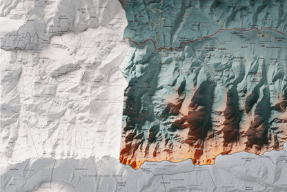 Mapa de relleu de la Cerdanya, amb el territori en color i l’entorn en blanc. Detall de la part inferior esquerra. 61 × 91 cm. Estil Blau i taronja.
