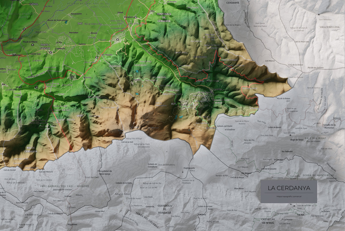 Mapa de relleu de la Cerdanya, amb el territori en color i l’entorn en blanc. Detall de la part inferior dreta. 61 × 91 cm. Estil Clàssic.