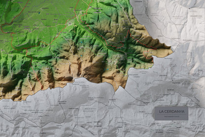 Mapa de relleu de la Cerdanya, amb el territori en color i l’entorn en blanc. Detall de la part inferior dreta. 61 × 91 cm. Estil Clàssic.
