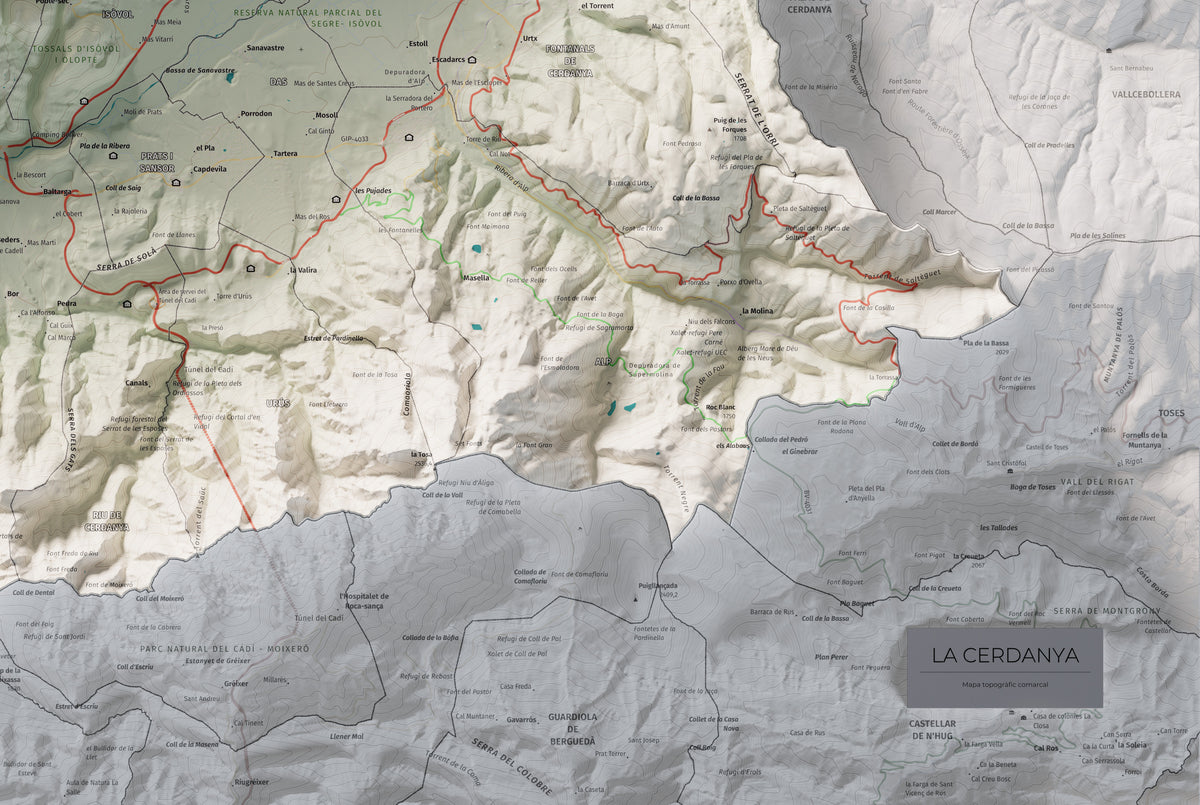 Mapa de relleu de la Cerdanya, amb el territori en color i l’entorn en blanc. Detall de la part inferior dreta. 61 × 91 cm. Estil Cartogràfic.