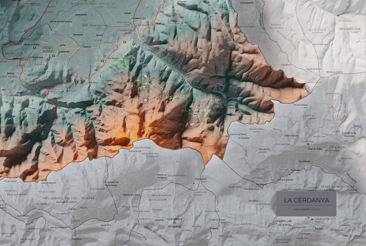 Mapa de relleu de la Cerdanya, amb el territori en color i l’entorn en blanc. Detall de la part inferior dreta. 61 × 91 cm. Estil Blau i taronja.