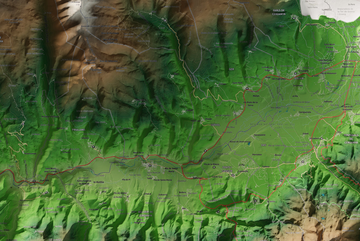 Mapa de relleu de la Cerdanya, amb el territori en color i l’entorn en blanc. Detall de la part central. 61 × 91 cm. Estil Clàssic.
