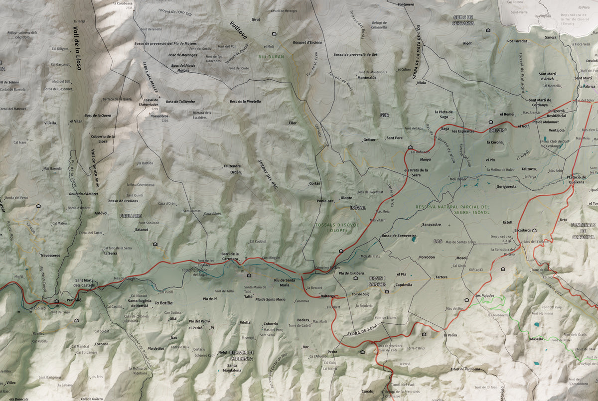 Mapa de relleu de la Cerdanya, amb el territori en color i l’entorn en blanc. Detall de la part central. 61 × 91 cm. Estil Cartogràfic.