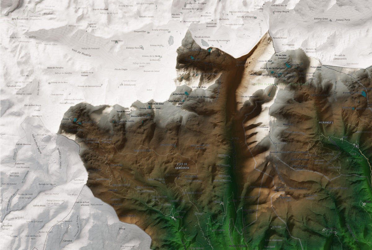 Mapa de relleu de la Cerdanya, amb el territori en color i l’entorn en blanc. Detall de la part superior esquerra. 61 × 91 cm. Estil Clàssic.