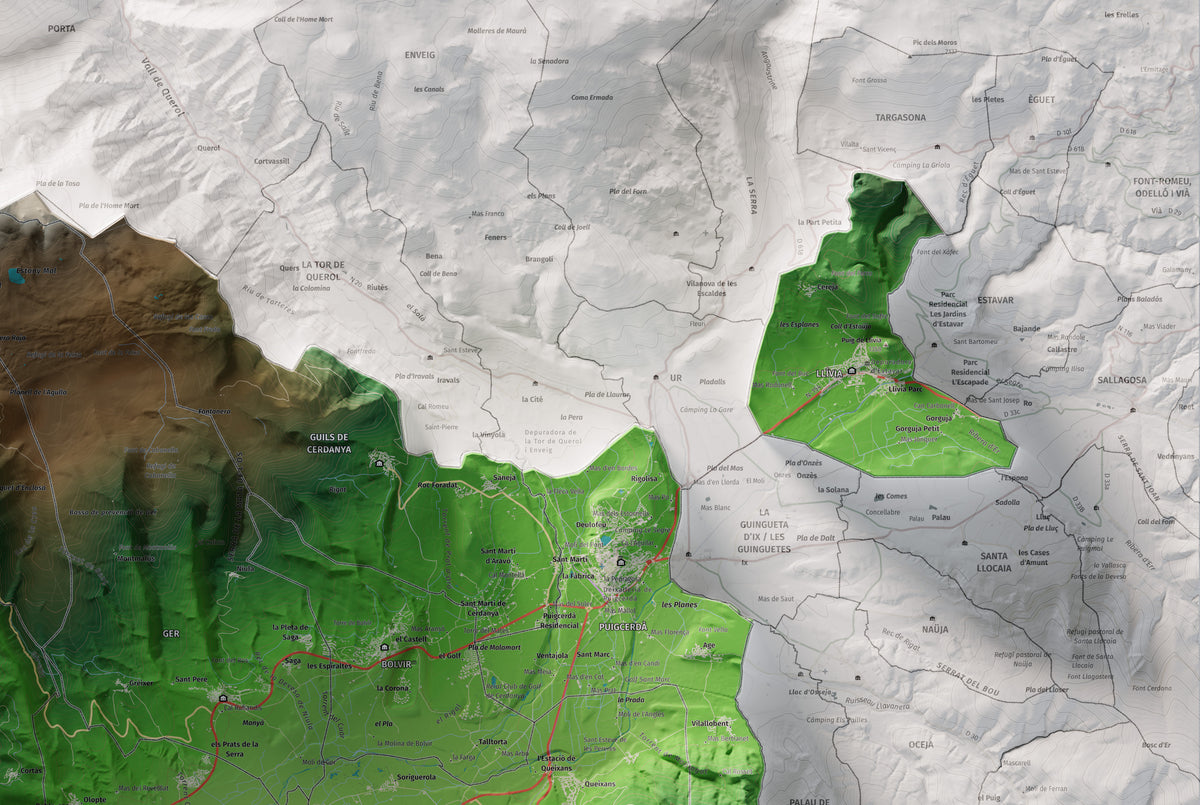 Mapa de relleu de la Cerdanya, amb el territori en color i l’entorn en blanc. Detall de la part superior dreta. 61 × 91 cm. Estil Clàssic.