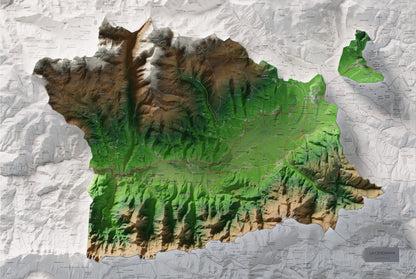 Mapa de relleu de la Cerdanya, amb el territori en color i l’entorn en blanc. Vista completa de la làmina. 61 × 91 cm. Estil Clàssic.