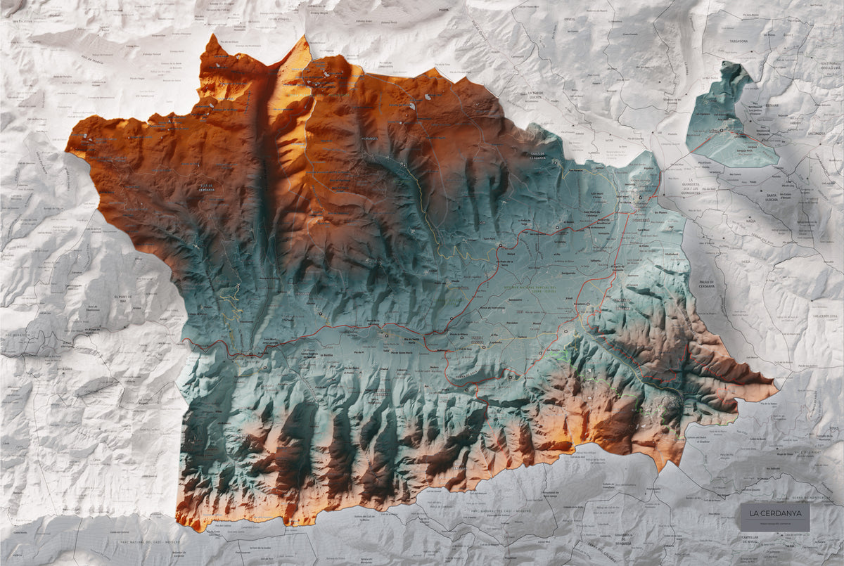 Mapa de relleu de la Cerdanya, amb el territori en color i l’entorn en blanc. Vista completa de la làmina. 61 × 91 cm. Estil Blau i taronja.