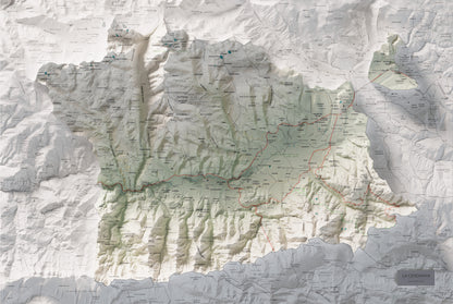 Mapa de relleu de la Cerdanya, amb el territori en color i l’entorn en blanc. Vista completa de la làmina. 61 × 91 cm. Estil Cartogràfic.