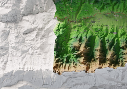 Mapa de relleu de la Cerdanya, amb el territori en color i l’entorn en blanc. Detall de la part inferior esquerra. 70 × 100 cm. Estil Clàssic.