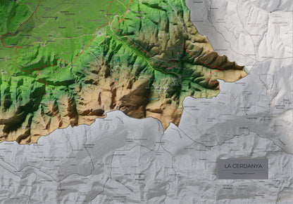 Mapa de relleu de la Cerdanya, amb el territori en color i l’entorn en blanc. Detall de la part inferior dreta. 70 × 100 cm. Estil Clàssic.
