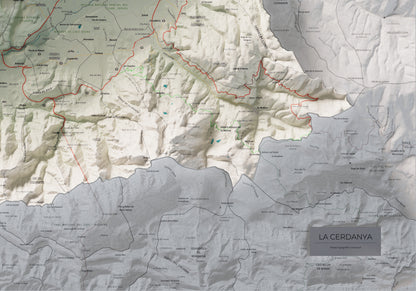 Mapa de relleu de la Cerdanya, amb el territori en color i l’entorn en blanc. Detall de la part inferior dreta. 70 × 100 cm. Estil Cartogràfic.
