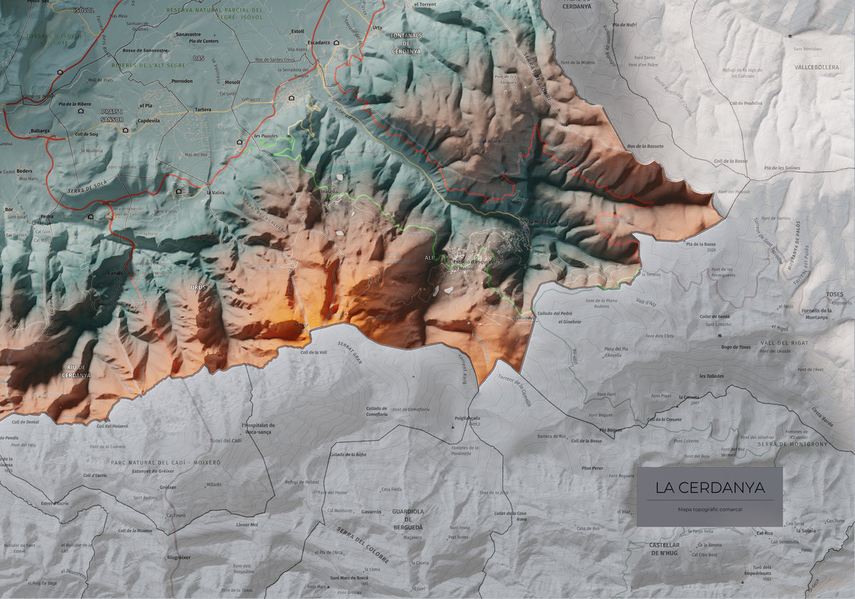 Mapa de relleu de la Cerdanya, amb el territori en color i l’entorn en blanc. Detall de la part inferior dreta. 70 × 100 cm. Estil Blau i taronja.