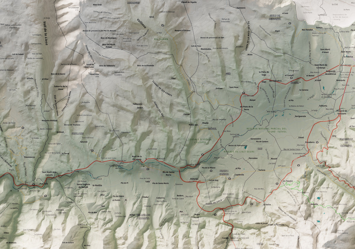 Mapa de relleu de la Cerdanya, amb el territori en color i l’entorn en blanc. Detall de la part central. 70 × 100 cm. Estil Cartogràfic.