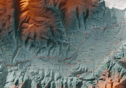 Mapa de relleu de la Cerdanya, amb el territori en color i l’entorn en blanc. Detall de la part central. 70 × 100 cm. Estil Blau i taronja.