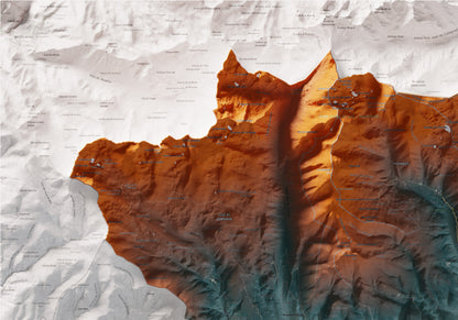 Mapa de relleu de la Cerdanya, amb el territori en color i l’entorn en blanc. Detall de la part superior esquerra. 70 × 100 cm. Estil Blau i taronja.